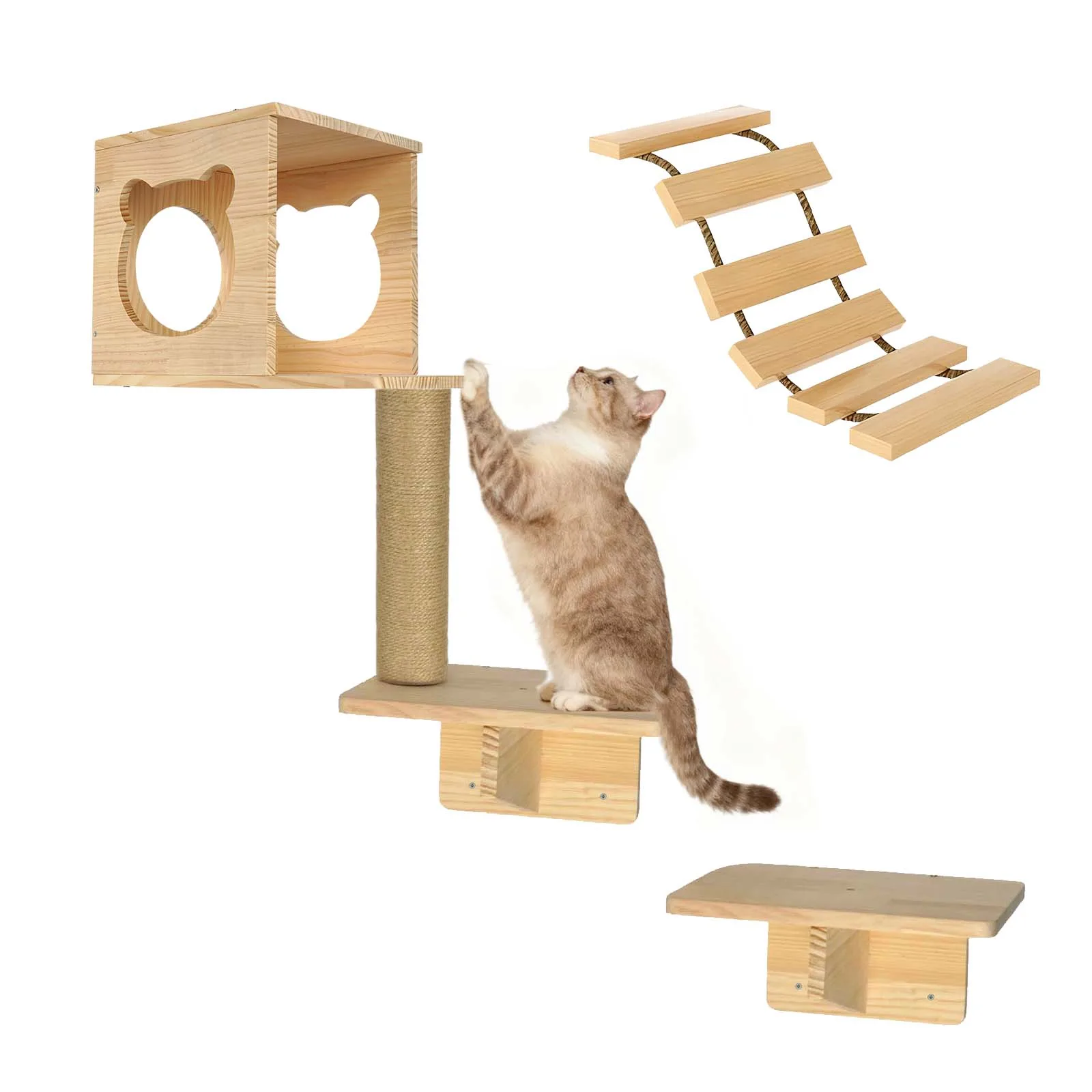 Ensemble mural pour chat en pin massif – Griffoir et pont, petits espaces – Image 9