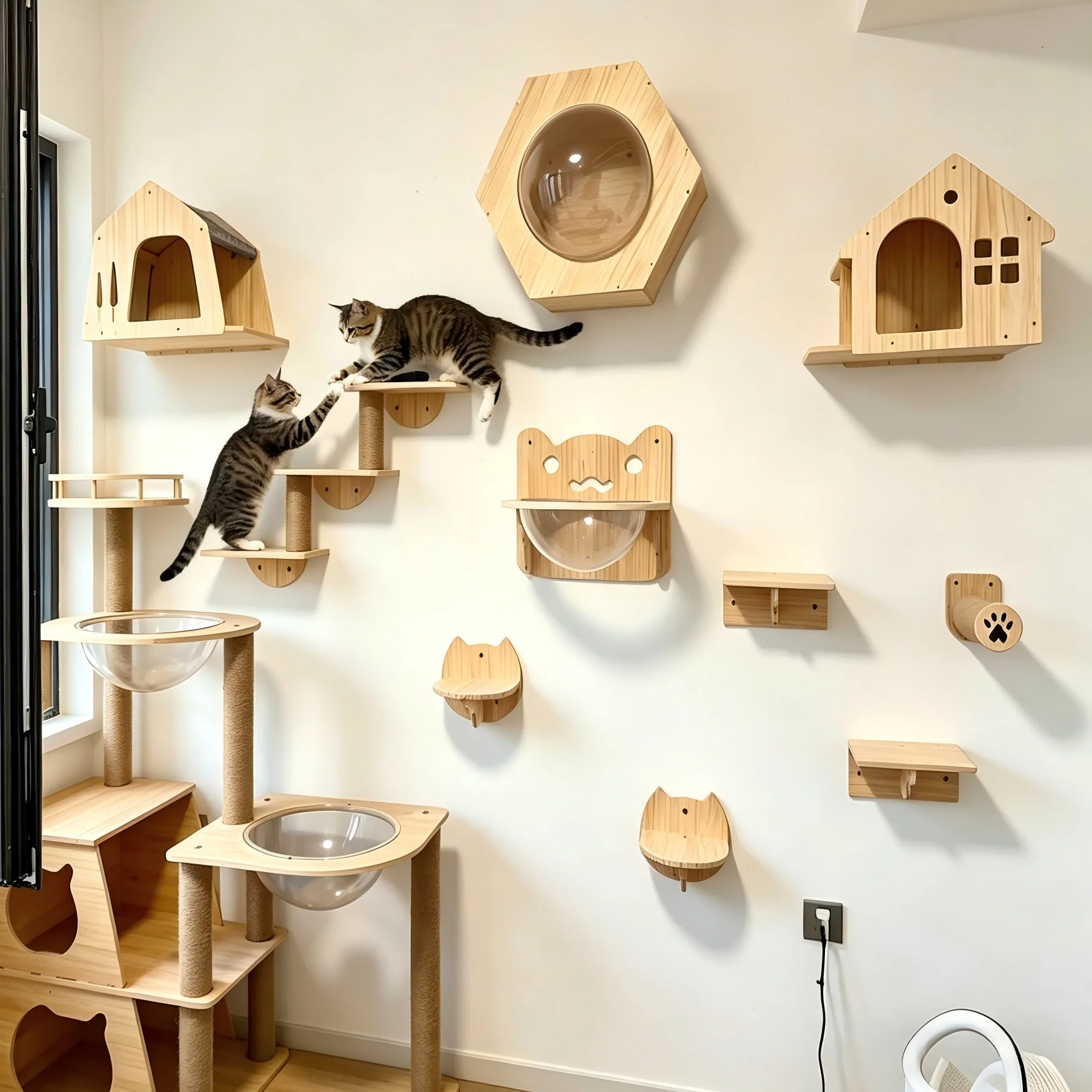 Parcours mural pour chat en bois – Étagères et maisons ajourées – Image 6