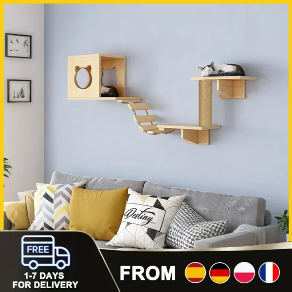 Ensemble mural pour chat en pin massif – Griffoir et pont, petits espaces