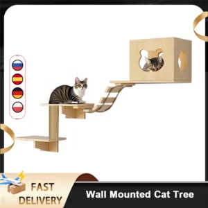 Arbre à chat mural en pin – Set complet griffoir, plateformes et hamac