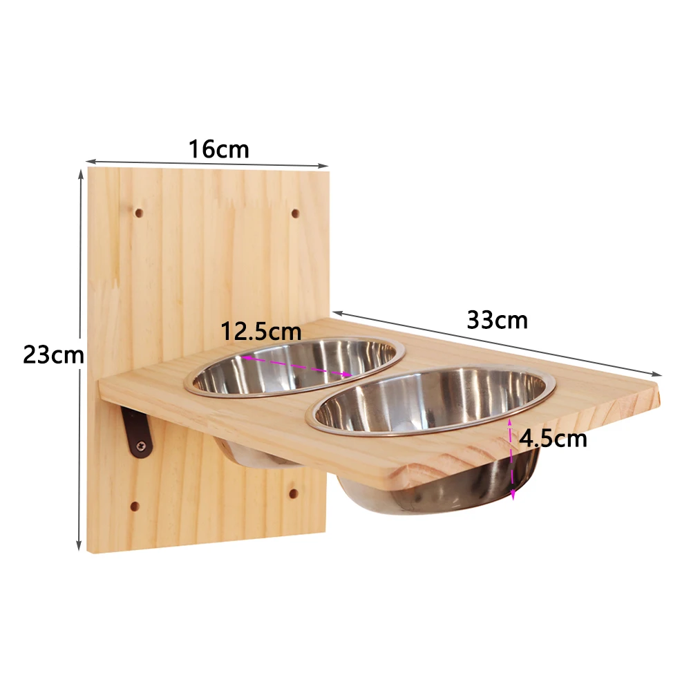 Étagère murale gamelles pour chat – Perchoir bois avec 2 bols inox – Image 5