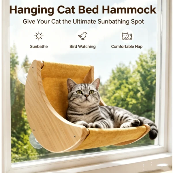 Hamac de fenêtre pour chat en bois – Ventouses, sans percer