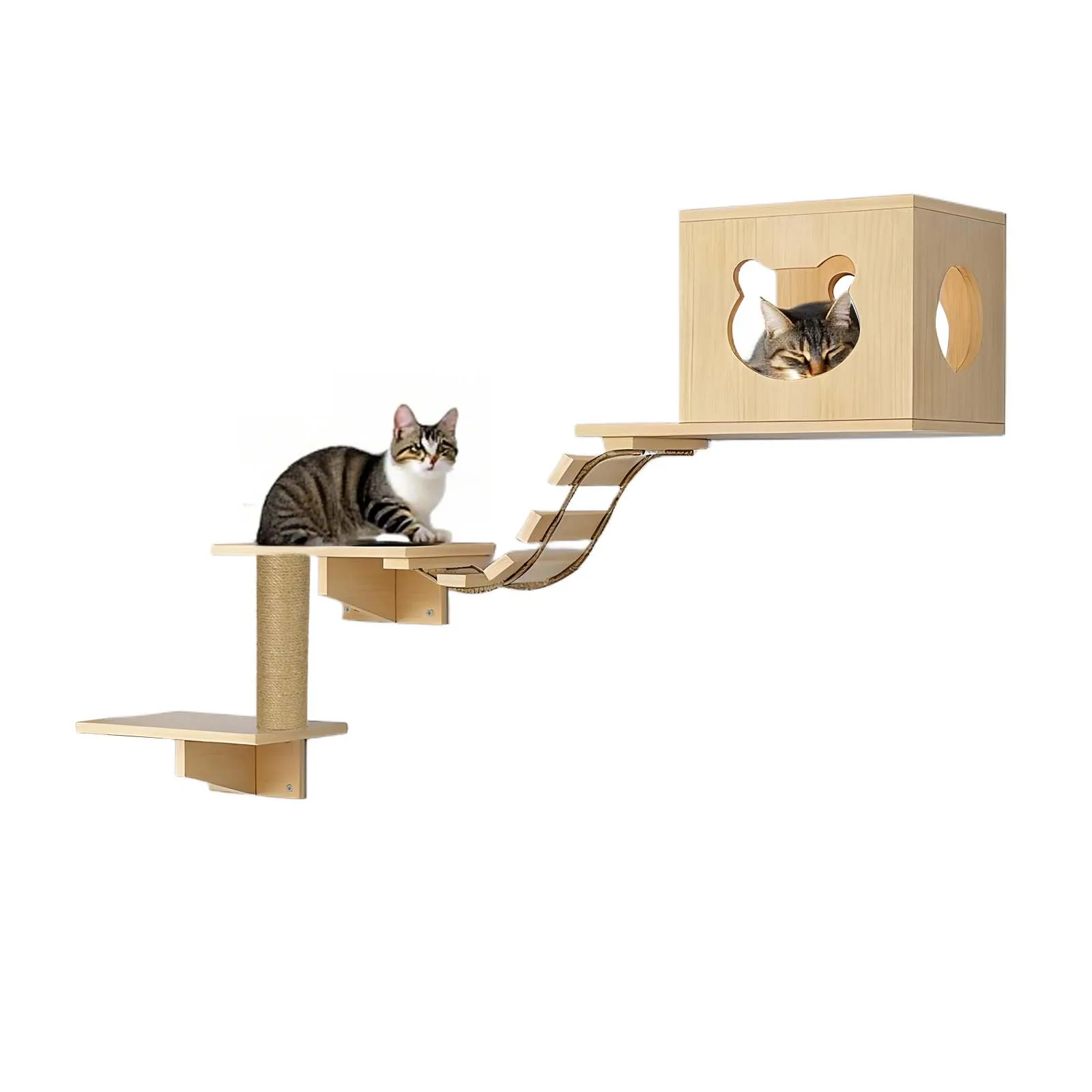 Arbre à chat mural en pin – Set complet griffoir, plateformes et hamac – Image 9