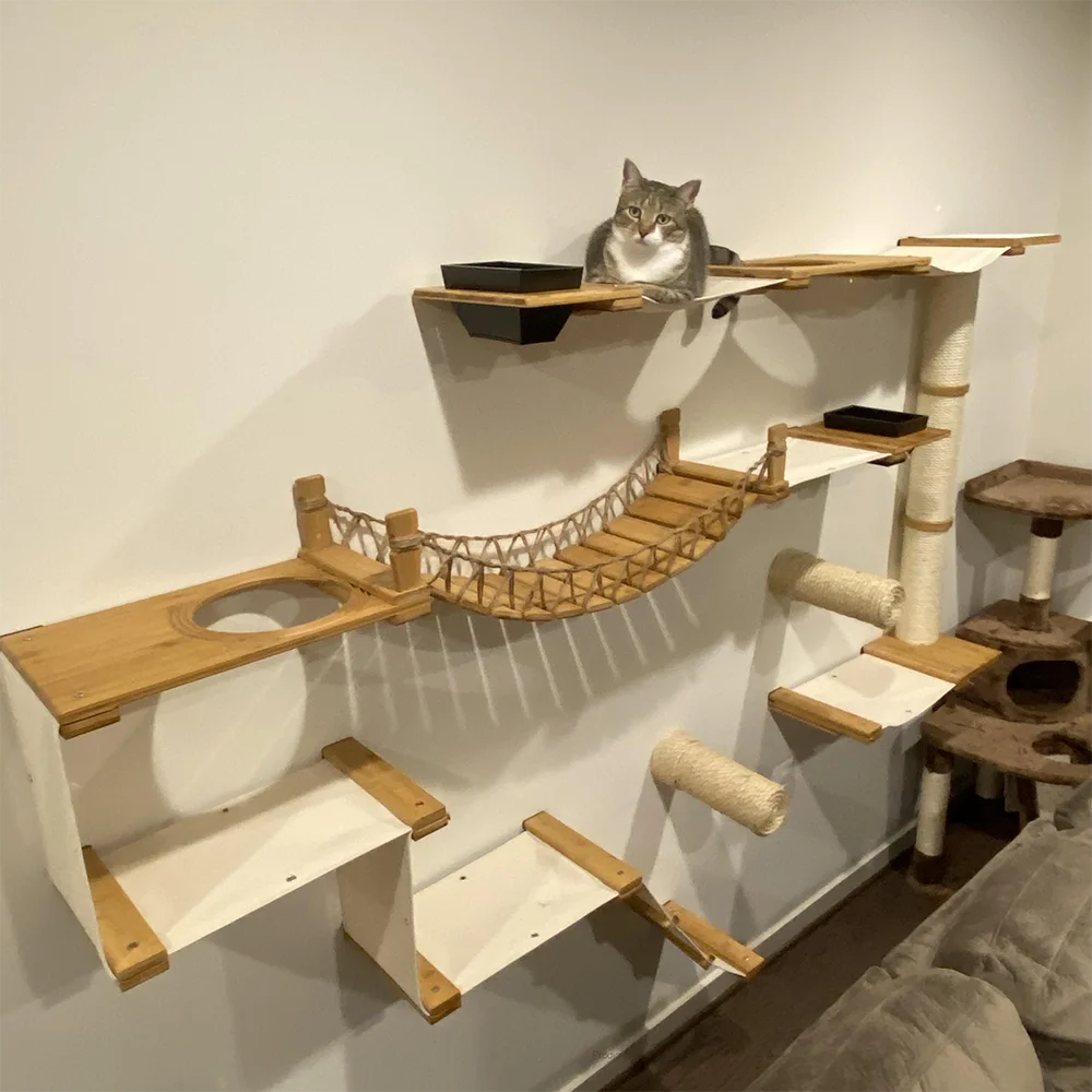 Arbre à chat mural en bois – Étagères, pont de corde et hamac