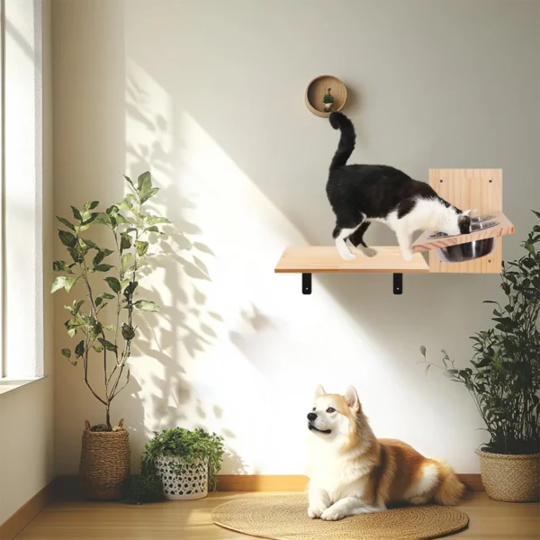 Étagère murale gamelles pour chat – Perchoir bois avec 2 bols inox