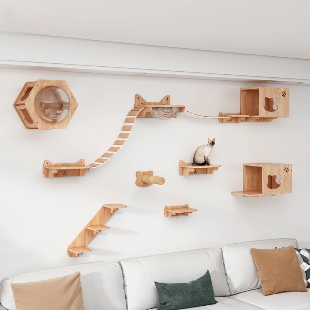 Arbre à chat mural design – Étagères hexagonales, griffoir et hamac – Image 2
