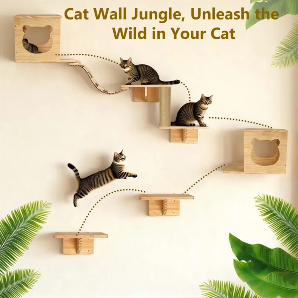 Arbre à chat mural en pin – Set complet griffoir, plateformes et hamac – Image 4
