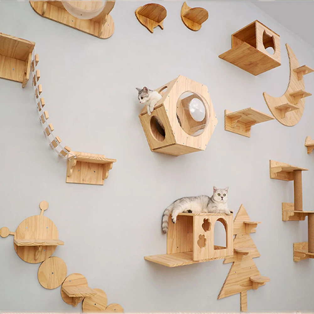 Parcours mural pour chat en bois – Étagères et maisons ajourées – Image 5