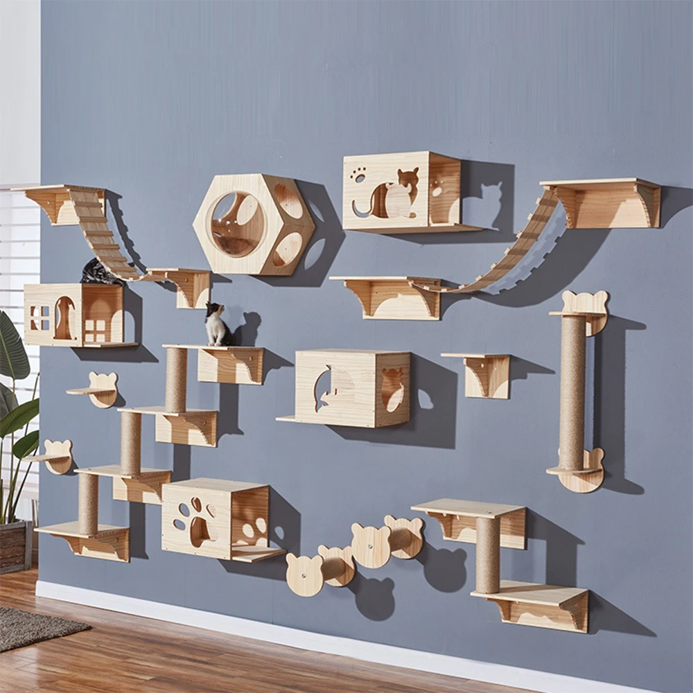 Parcours mural pour chat en bois – Étagères et maisons ajourées