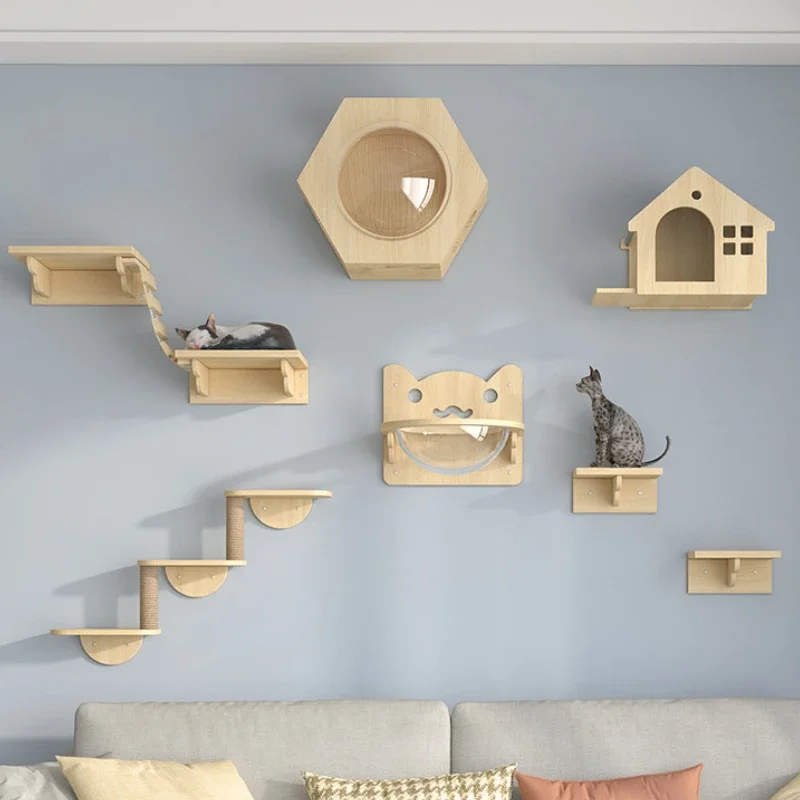 Parcours mural pour chat à composer – Étagères, marches et modules en bois