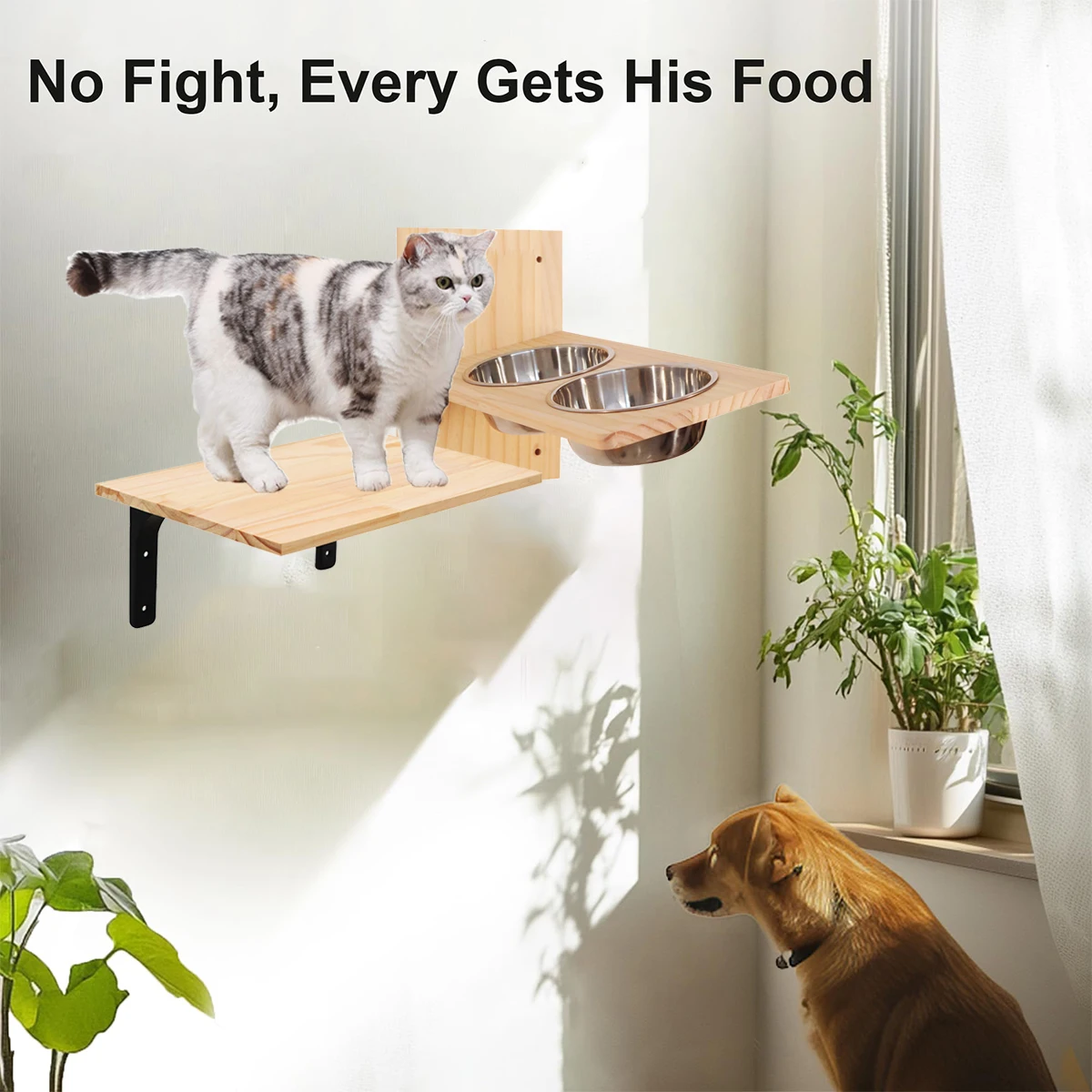 Étagère murale gamelles pour chat – Perchoir bois avec 2 bols inox – Image 2