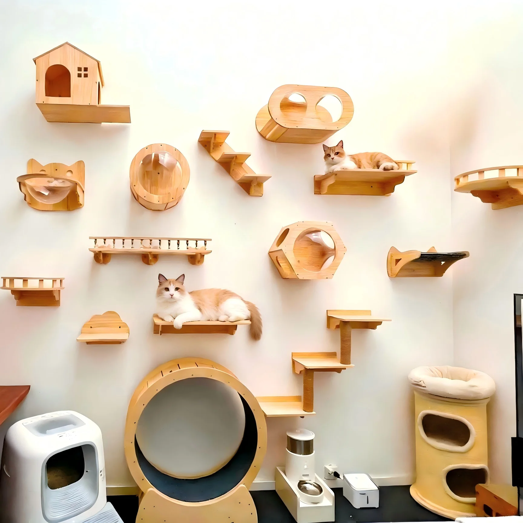 Parcours mural pour chat en bois – Étagères et maisons ajourées – Image 4