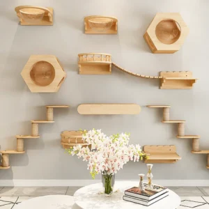 Arbre à chat mural design – Étagères hexagonales, griffoir et hamac