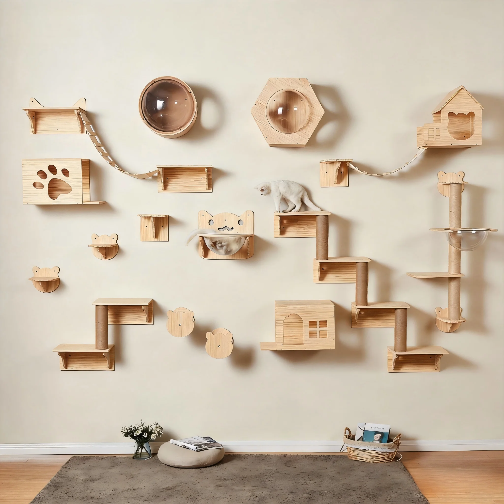 Parcours mural pour chat en bois – Étagères et maisons ajourées – Image 2