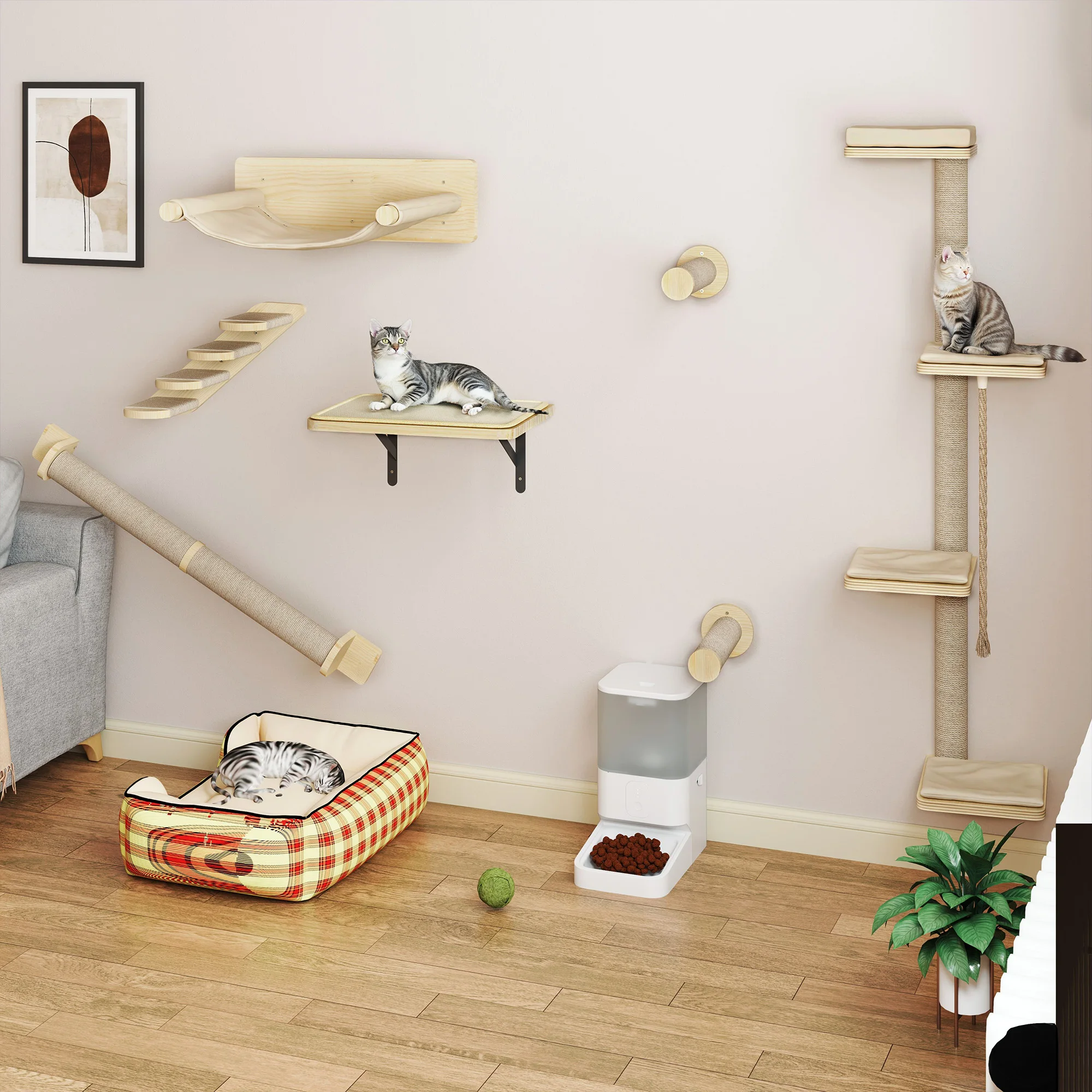 Arbre à chat mural XXL – Set 7 pièces en bois, parcours complet – Image 6