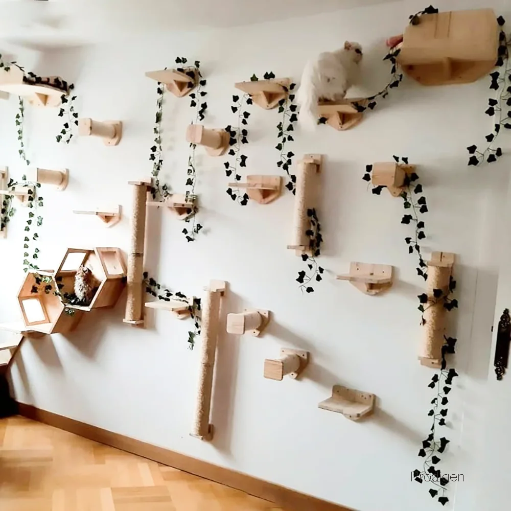 Arbre à chat mural en bois – Étagères, pont de corde et hamac – Image 6