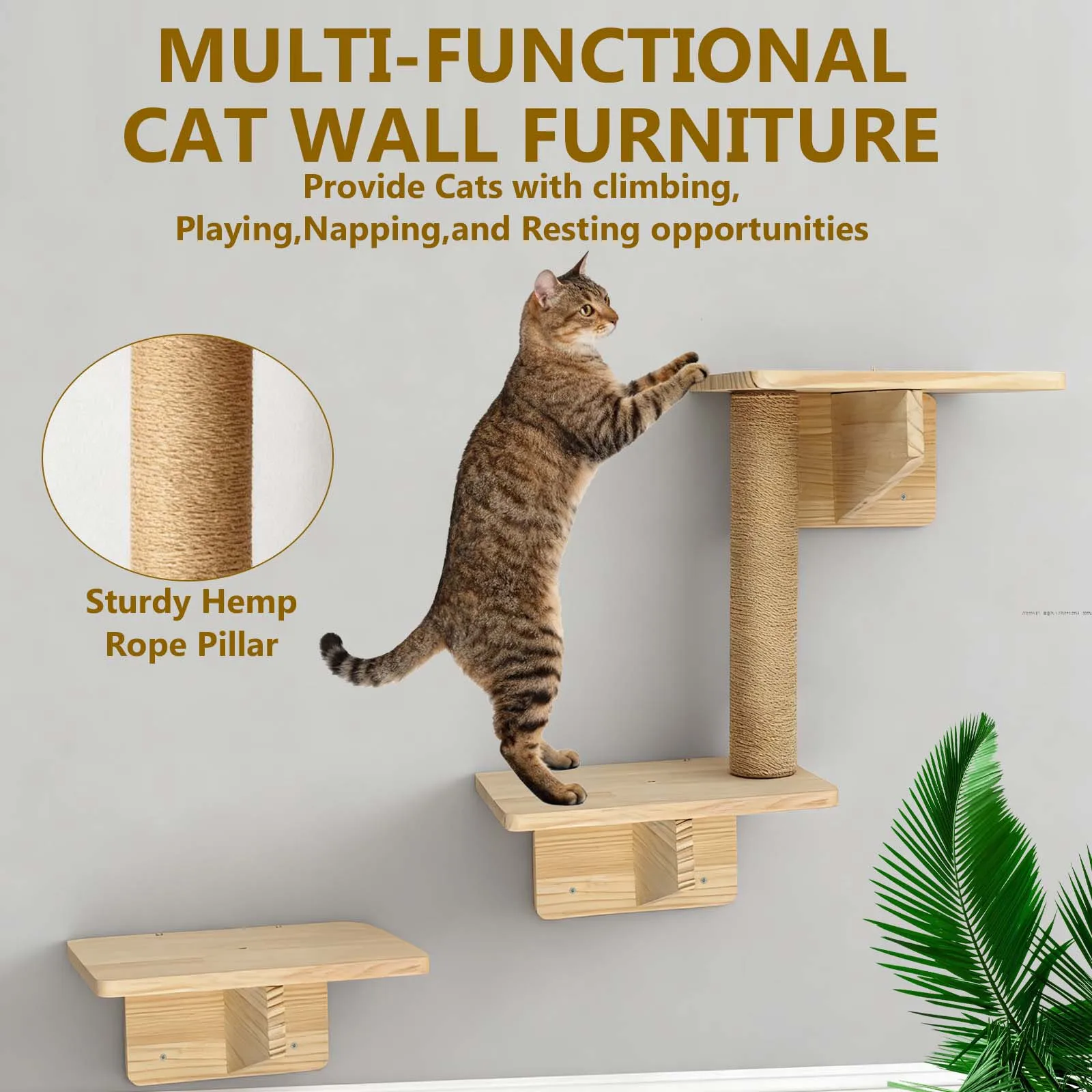 Arbre à chat mural en pin – Set complet griffoir, plateformes et hamac – Image 3