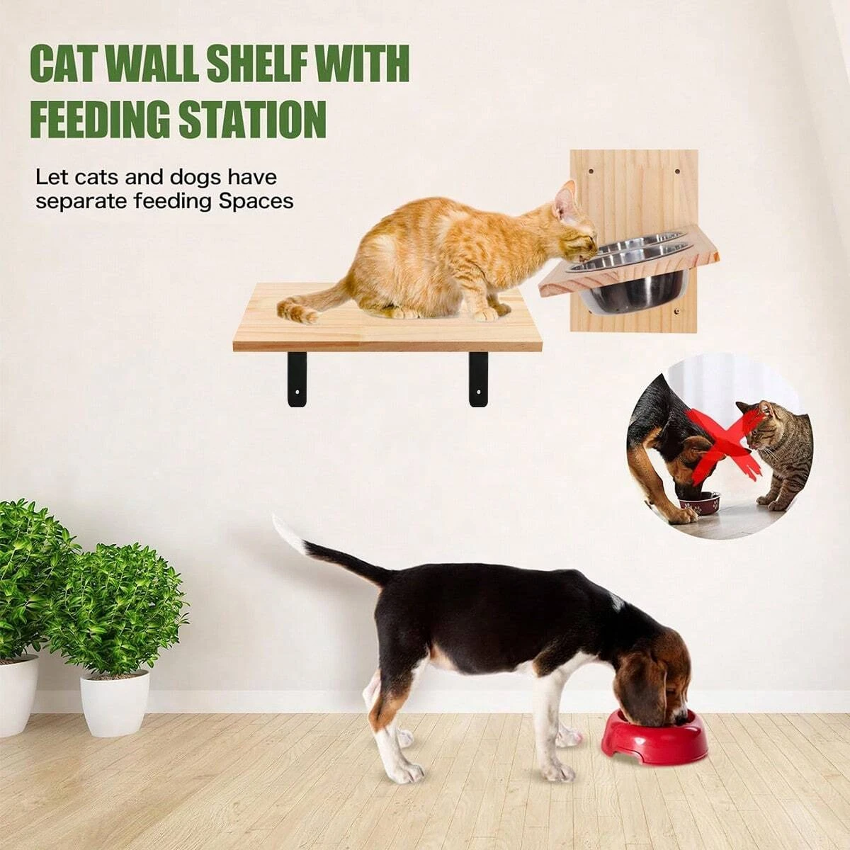 Étagère murale gamelles pour chat – Perchoir bois avec 2 bols inox – Image 3