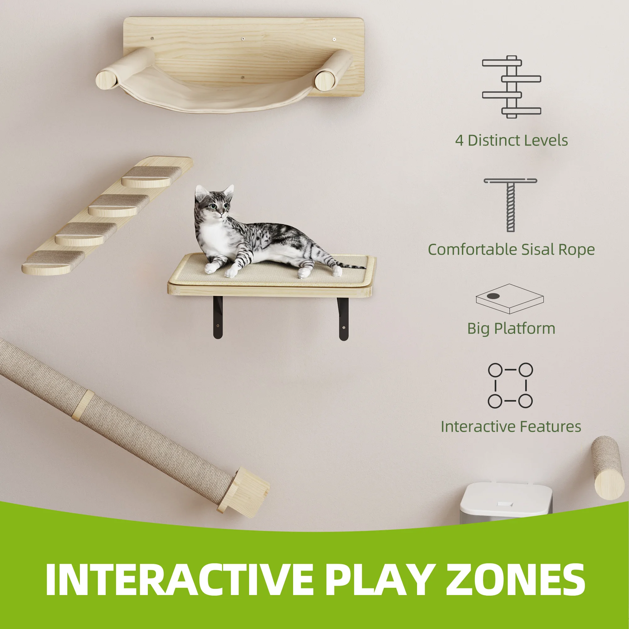 Arbre à chat mural XXL – Set 7 pièces en bois, parcours complet – Image 4