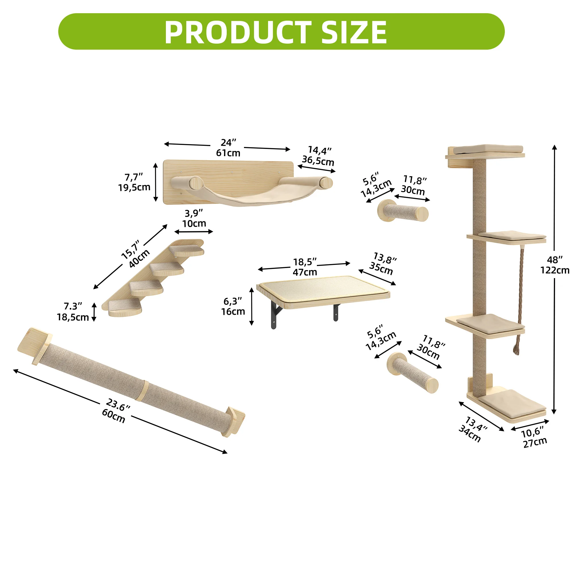 Arbre à chat mural XXL – Set 7 pièces en bois, parcours complet – Image 2