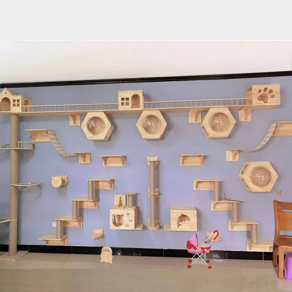 Parcours mural pour chat en bois – Étagères et maisons ajourées – Image 3
