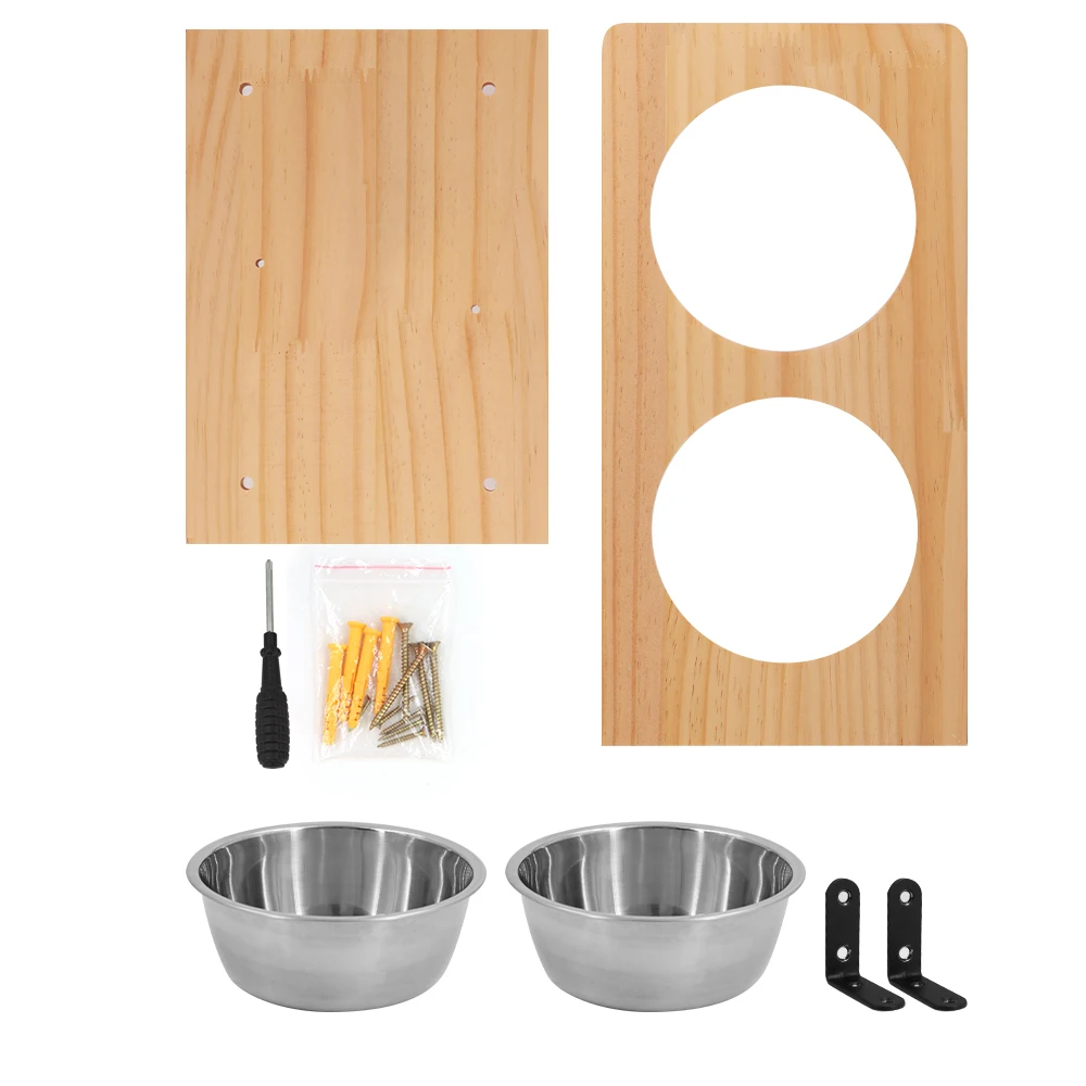 Étagère murale gamelles pour chat – Perchoir bois avec 2 bols inox – Image 6