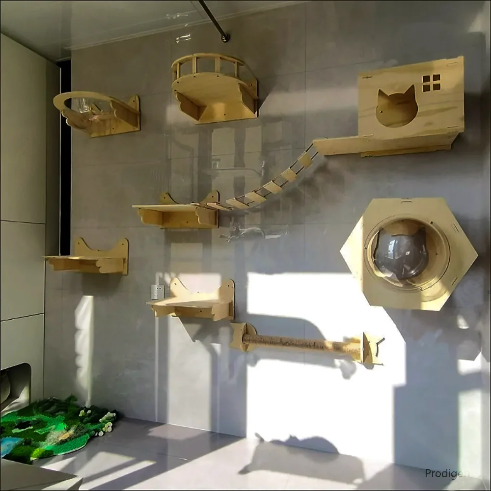 Arbre à chat mural design – Étagères hexagonales, griffoir et hamac – Image 5